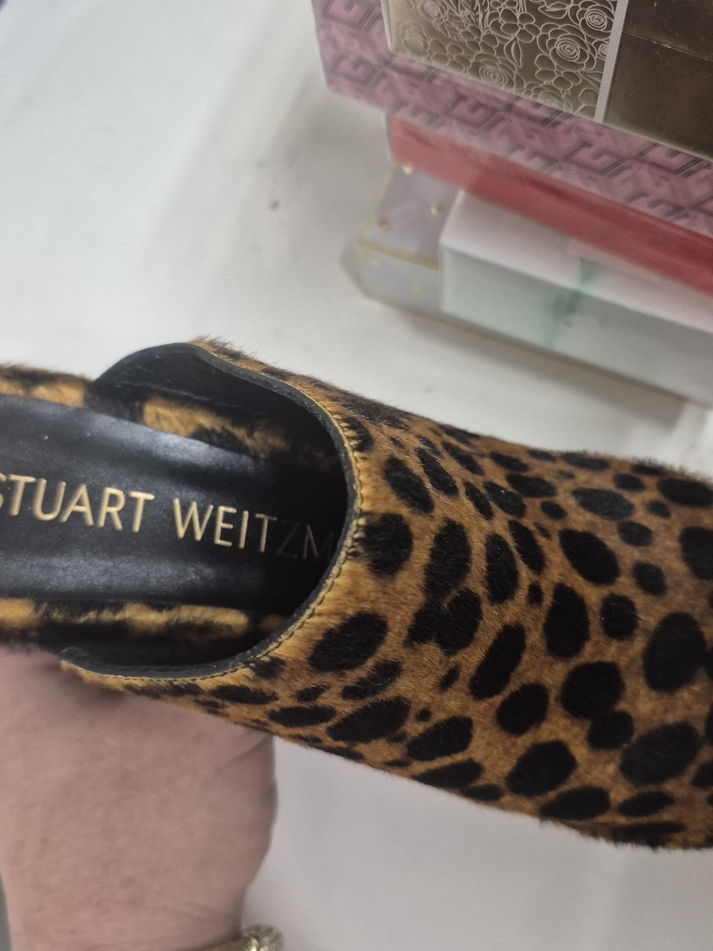 Nwt, Never Worn Stuart Weitzman Leopard Print Platform Pearl Trim Calfskin Slide - Picture 12 of 13